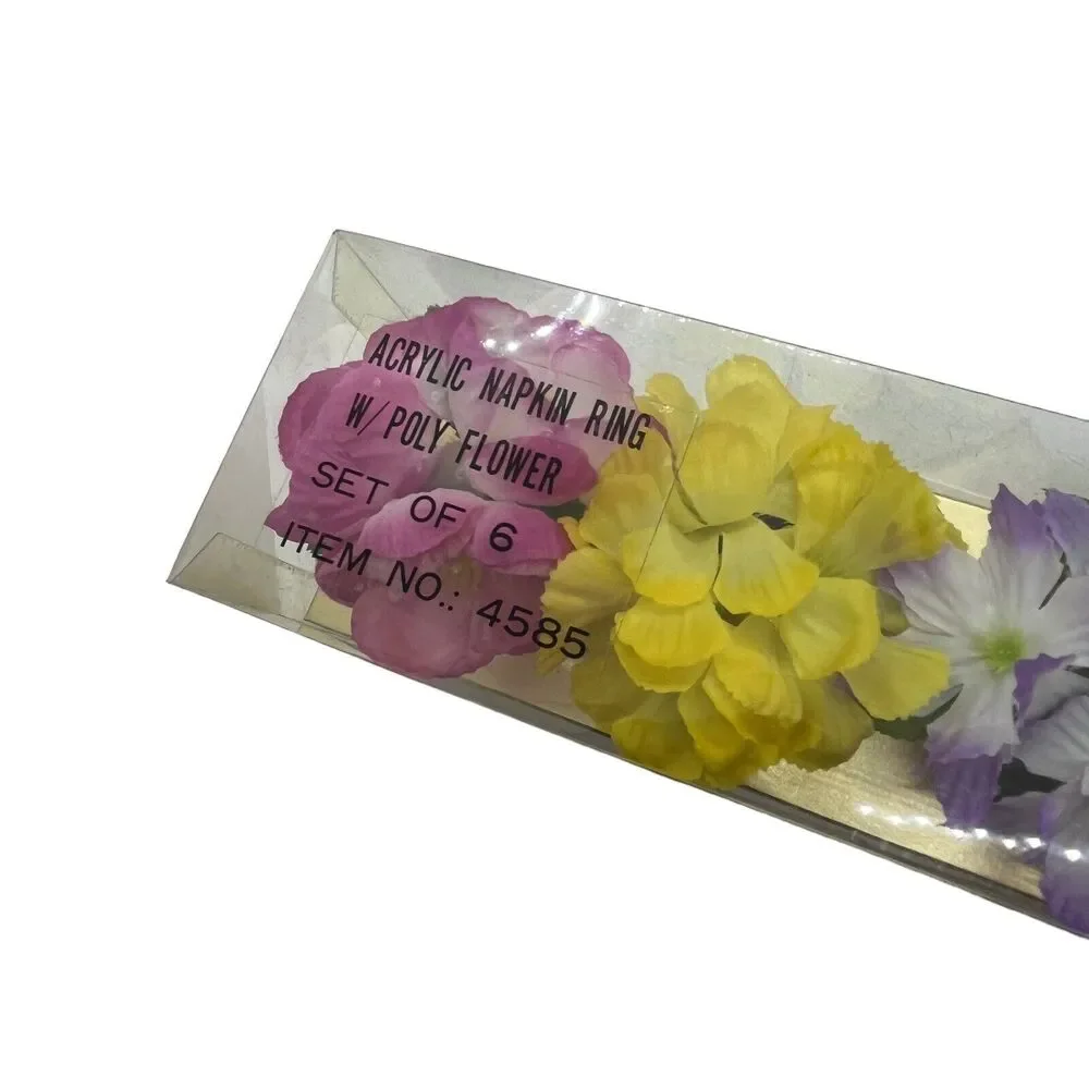 Napkin Rings Vintage Acrylic with Fake Flowers Retro 60s in Box (Box Flawed) New